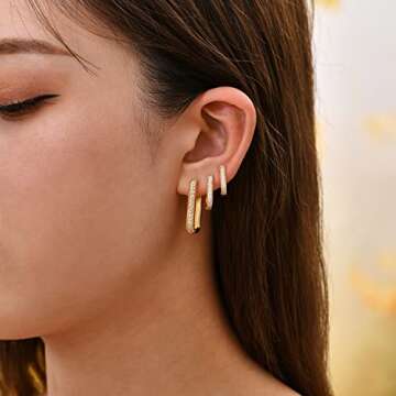 SLOONG 14K Copper Hoop Earring Set, 3Pcs Chunky Link Chain Zircon Hoop Earrings, Lightweight & Hypoallergenic Jewelry for Women and Teen Girls, Ideal Gift for Special Day