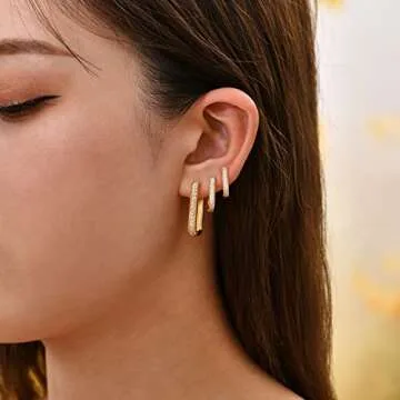 SLOONG 14K Copper Hoop Earring Set, 3Pcs Chunky Link Chain Zircon Hoop Earrings, Lightweight & Hypoallergenic Jewelry for Women and Teen Girls, Ideal Gift for Special Day