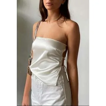 Women 's Sexy Strapless Tube Top Sleeveless Solid Color Bandage Crop Tank Tops Off Shoulder Cami (Satin Tank Top-White, Small)