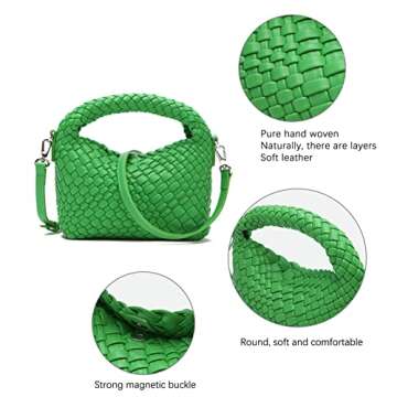 Women Woven Leather Handbag,Manmade Small Lightweight Shoulder Crossbody Bag,Fashion Top Handle Tote Clutch(GREEN)