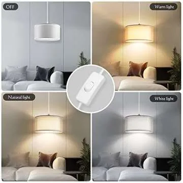 Plug in Pendant Light, 15FT White Cord Hanging Lights with Plug in Cord, Hanging Light with On/Off Switch, Double Linen Shade Fabric Design, Pendant Llight Fixture for Bedroom Living Room Restaurant