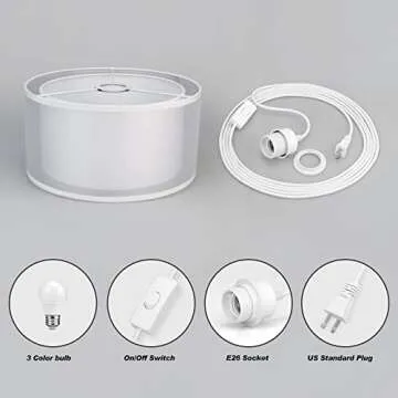 Plug in Pendant Light, 15FT White Cord Hanging Lights with Plug in Cord, Hanging Light with On/Off Switch, Double Linen Shade Fabric Design, Pendant Llight Fixture for Bedroom Living Room Restaurant