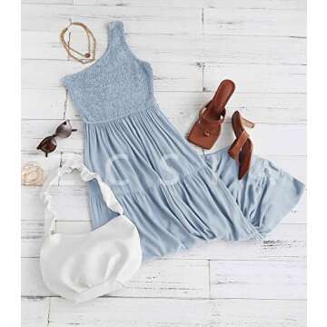 ZCSIA Women's 2024 Summer Boho One Shoulder Sleeveless Solid Color Ruffle Beach Party Tiered Midi Dress