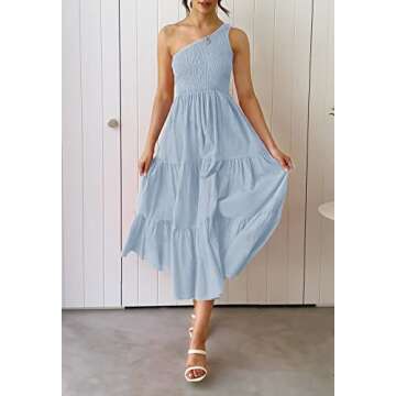 ZCSIA Women's 2024 Summer Boho One Shoulder Sleeveless Solid Color Ruffle Beach Party Tiered Midi Dress