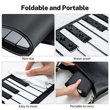 POGOLAB 49 Key Roll Up Keyboard Piano, Portable Digital Electric Foldable Piano Keyboard, Rechargeable, 47 Tones, 14 Educational Demo Songs, for Beginners Gift (Black & White Key)