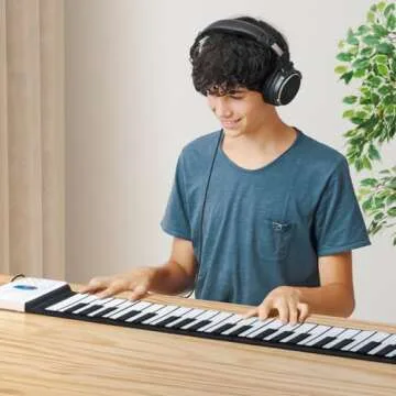 POGOLAB 49 Key Roll Up Keyboard Piano, Portable Digital Electric Foldable Piano Keyboard, Rechargeable, 47 Tones, 14 Educational Demo Songs, for Beginners Gift (Black & White Key)