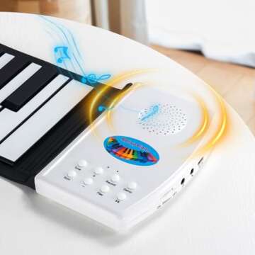 POGOLAB 49 Key Roll Up Keyboard Piano, Portable Digital Electric Foldable Piano Keyboard, Rechargeable, 47 Tones, 14 Educational Demo Songs, for Beginners Gift (Black & White Key)