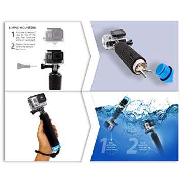 Floating Hand Grip Waterproof Monopod for GoPro Hero 13 12 11 10 9 8 7 6 5 4 3+ 2 1 Session Black Silver Handler & Handle Mount Accessories Kit for Water Sport and Action Cameras (Blue)