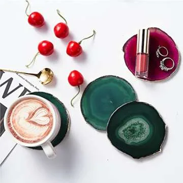 Green Agate Coasters Set of 4,Natural Geode Coasters Agate Slices Gold Rim 4-3.5",Gem Coasters for Drink,Decorative Geodestone Coasters for Home Decor, Coasters for Coffee Table