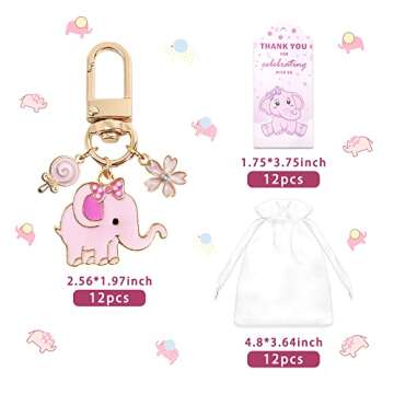 BUYWUMORE 12 Sets Baby Shower Pink Elephant Keychains It's a Girl Return Favor for Guests with Flowe...