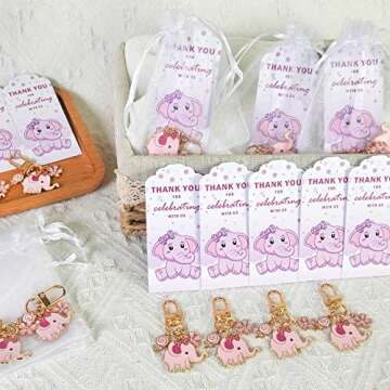 BUYWUMORE 12 Sets Baby Shower Pink Elephant Keychains It's a Girl Return Favor for Guests with Flower Sweets White Organza Bags and Thank You Tags Elephant Theme Party for Kids Party Supplies (Girl)
