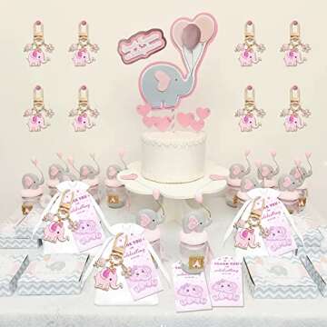 BUYWUMORE 12 Sets Baby Shower Pink Elephant Keychains It's a Girl Return Favor for Guests with Flower Sweets White Organza Bags and Thank You Tags Elephant Theme Party for Kids Party Supplies (Girl)