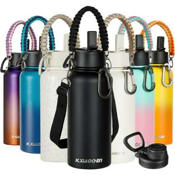 Insulated 32 oz Water Bottle with Strap & 2 Lids