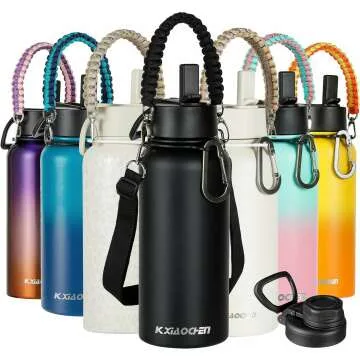Insulated 32 oz Water Bottle with Strap & 2 Lids
