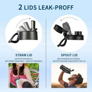 Insulated 32 oz Water Bottle with Strap & 2 Lids