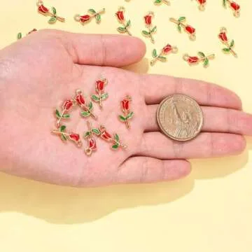 KitBeads 100pcs Enamel Red Rose Charms Mini Floral Valentine Romantic Flower Charm for Jewelry Making Bracelets Bulk