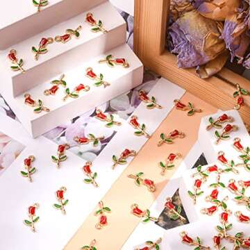 KitBeads 100pcs Enamel Red Rose Charms Mini Floral Valentine Romantic Flower Charm for Jewelry Making Bracelets Bulk