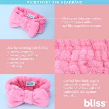 Bliss Women's Spa Headband - 2 Pack Microfiber Towel for Washing Face, Skin Care, Makeup and Messy Hair - Preppy Stuff Shower Accessories with Elastic Band and Hair Bow