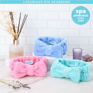 Bliss Women's Spa Headband - 2 Pack Microfiber Towel for Washing Face, Skin Care, Makeup and Messy Hair - Preppy Stuff Shower Accessories with Elastic Band and Hair Bow