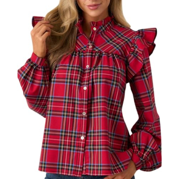 Plaid Shirts for Women Ruffle Button Down Shirts Puff Long Sleeves Blouses Collared Casual Tops