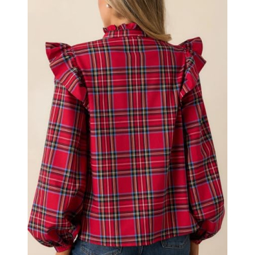 Plaid Shirts for Women Ruffle Button Down Shirts Puff Long Sleeves Blouses Collared Casual Tops
