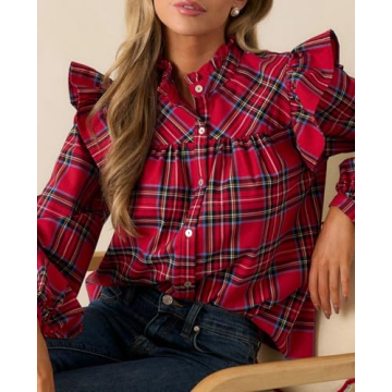 Plaid Shirts for Women Ruffle Button Down Shirts Puff Long Sleeves Blouses Collared Casual Tops
