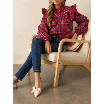 Plaid Shirts for Women Ruffle Button Down Shirts Puff Long Sleeves Blouses Collared Casual Tops