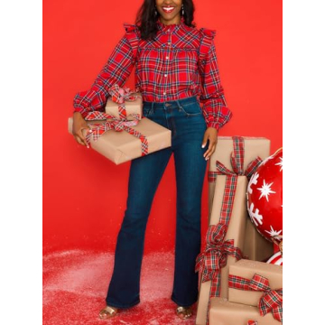 Plaid Shirts for Women Ruffle Button Down Shirts Puff Long Sleeves Blouses Collared Casual Tops