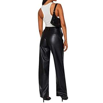 Faux Leather Pants for Women Solid Color High Waist Straight Leg Trousers Vintage 90s Streetwear Pant with Pockets (Black, M)