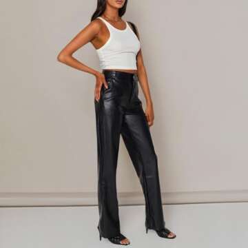 Faux Leather Pants for Women Solid Color High Waist Straight Leg Trousers Vintage 90s Streetwear Pant with Pockets (Black, M)