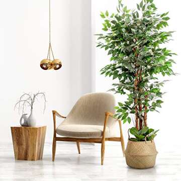 Artificial Ficus Tree, 72 Inches Tall - Fake Floor Plant for Modern Home Decor - Living Room, Bedroom, Balcony - Faux Potted Trees for Indoor or Outdoor - Includes Free Bonus Seagrass Belly Basket