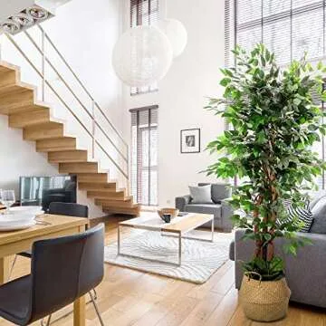 Artificial Ficus Tree, 72 Inches Tall - Fake Floor Plant for Modern Home Decor - Living Room, Bedroom, Balcony - Faux Potted Trees for Indoor or Outdoor - Includes Free Bonus Seagrass Belly Basket