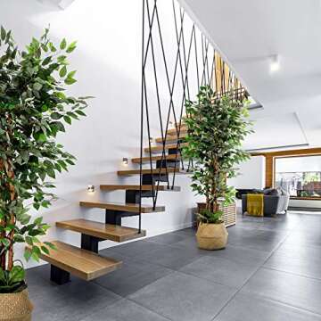 Artificial Ficus Tree, 72 Inches Tall - Fake Floor Plant for Modern Home Decor - Living Room, Bedroom, Balcony - Faux Potted Trees for Indoor or Outdoor - Includes Free Bonus Seagrass Belly Basket