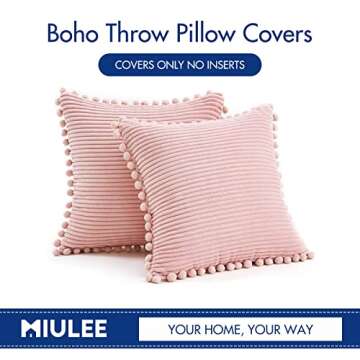 MIULEE Decorative Pink Pillow Covers with Pom-poms, 18x18 inch