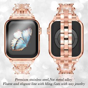 Elegant Rose Gold Apple Watch Band with Adjustable Rhinestone Butterfly Design