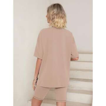 Glamaker Women 2 Piece Outfit sets Casual Oversized T-Shirt Tops Biker Shorts Workout Sport s Tracksuit Khaki Medium