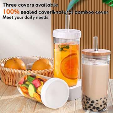Glass Cups with Lids and Straws,24 oz Smoothie Cup with Lid and Straw-DWTS Boba Mason Jar,Wide Mouth...