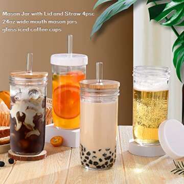 Stylish 24 oz Glass Cups with Lids and Straws Set
