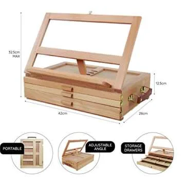 Wood Desk Table Easel - Handcrafted Beechwood Desktop Easel & Wooden Art Tabletop Box for Drawing, Painting, and Sketching with 3 Front Drawers for Supplies Storage