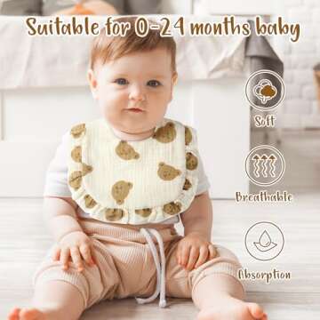 Zainpe 5Pcs Snap Muslin Cotton Baby Drooling Bibs Bear Rabbit Bibs with Flounce Lace Absorbent Layers Soft Bandana Burp Cloths for Infant Girls Boys Toddler Newborn Eating Teething Feeding 0-24 Months