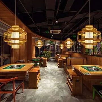 LITFAD Drum Single Pendant Light for Coffee Shop LED Pendant Cage Lighting Ceiling Hanging Light Multi Tiers Bamboo Drop Light with 39" Adjustable Hanging Cord - 19.5"