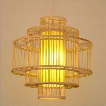 LITFAD Drum Single Pendant Light for Coffee Shop LED Pendant Cage Lighting Ceiling Hanging Light Multi Tiers Bamboo Drop Light with 39" Adjustable Hanging Cord - 19.5"