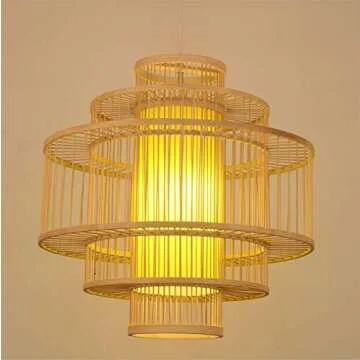LITFAD Drum Single Pendant Light for Coffee Shop LED Pendant Cage Lighting Ceiling Hanging Light Multi Tiers Bamboo Drop Light with 39" Adjustable Hanging Cord - 19.5"