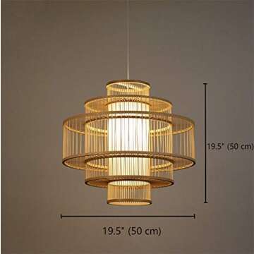 LITFAD Drum Single Pendant Light for Coffee Shop LED Pendant Cage Lighting Ceiling Hanging Light Multi Tiers Bamboo Drop Light with 39" Adjustable Hanging Cord - 19.5"