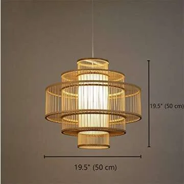 LITFAD Drum Single Pendant Light for Coffee Shop LED Pendant Cage Lighting Ceiling Hanging Light Multi Tiers Bamboo Drop Light with 39" Adjustable Hanging Cord - 19.5"