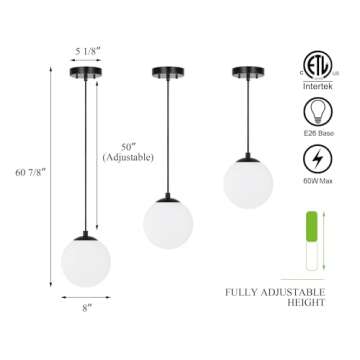 XiNBEi Lighting Pendant Lighting 1 Light Globe Pendant Light, Modern Adjustable Kitchen Hanging Ceiling Light Matte Black Finish XB-P1211-MBK