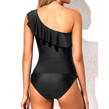 Yonique Women's Two Piece Swimsuits One Shoulder Tankini Tummy Control Bathing Suits Ruffle Swimwear Black L