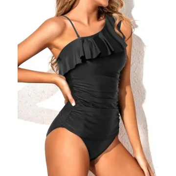 Yonique Women's Two Piece Swimsuits One Shoulder Tankini Tummy Control Bathing Suits Ruffle Swimwear Black L