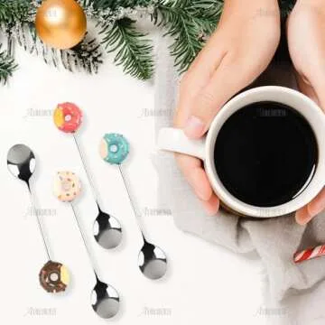 AUEAR, 4 Pack Stirring Spoons Cute Doughnut Coffee Spoon Stainless Steel Little Teaspoons Mini Donut Dessert Ice Cream Tea Sugar Stirrers for Tableware Multi-Functional Kitchen Tools