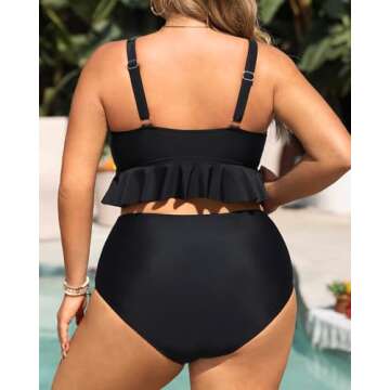 Daci Women Black Plus Size High Waisted Bikini Set Ruffle Flounce Two Piece Swimsuits Tummy Control ...